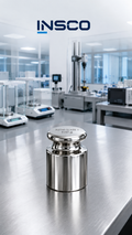 Representative illustration of an INSCO ASTM Class 1 100 g individual calibration weight with INSCO laboratory background.