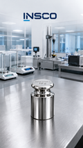 Representative illustration of an INSCO ASTM Class 1 10 g individual calibration weight with INSCO laboratory background.
