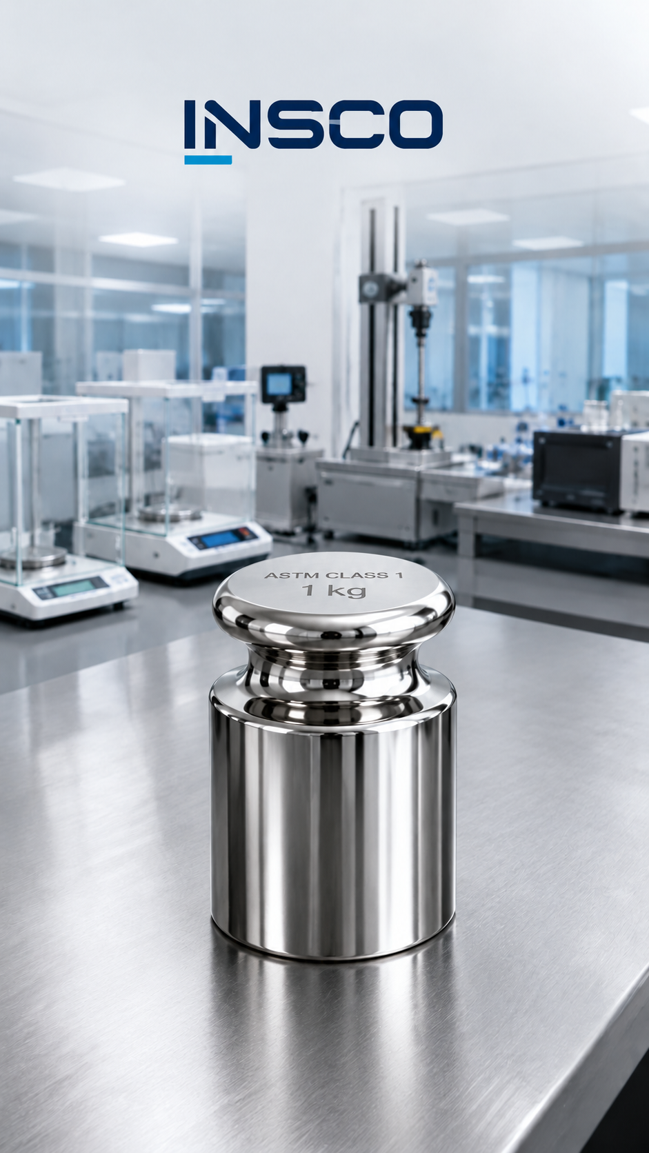 Representative illustration of an INSCO ASTM Class 1 1 kg individual calibration weight with INSCO laboratory background.