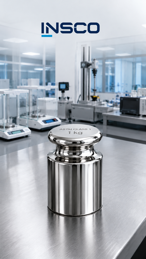 Representative illustration of an INSCO ASTM Class 1 1 kg individual calibration weight with INSCO laboratory background.