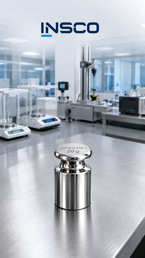 Representative illustration of an INSCO ASTM Class 1 20 g individual calibration weight with INSCO laboratory background.