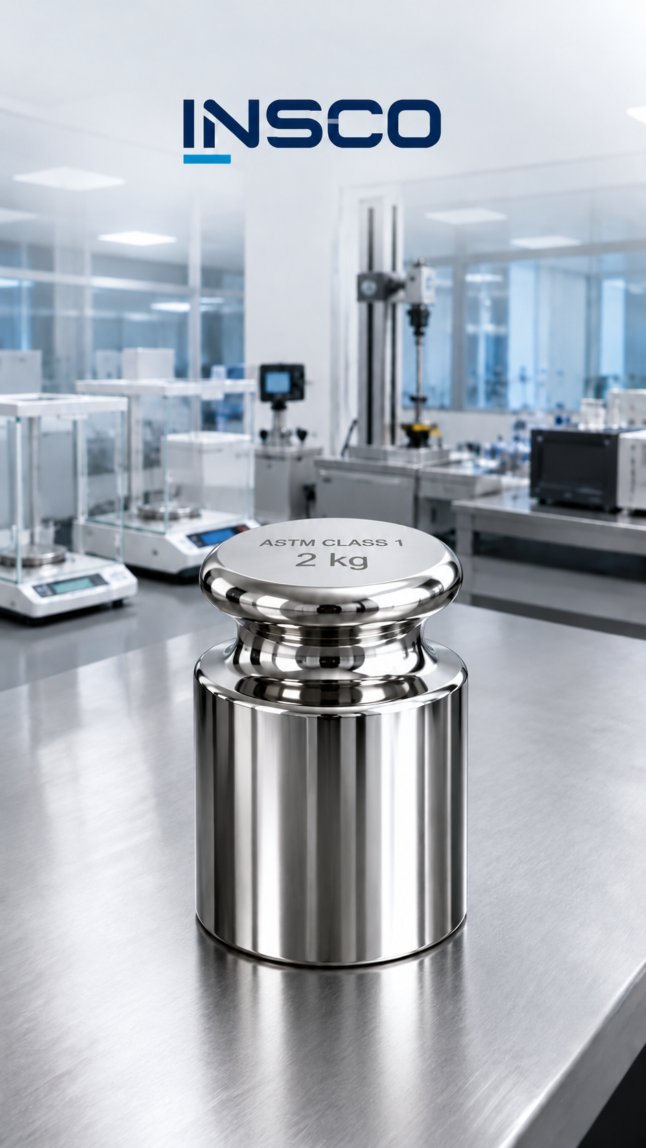 Representative illustration of an INSCO ASTM Class 1 2 kg individual calibration weight with INSCO laboratory background.