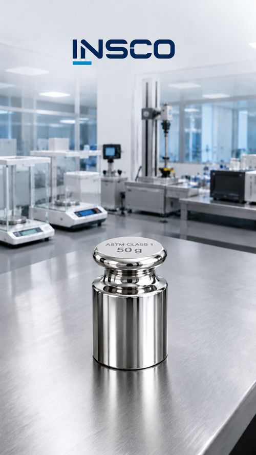 Representative illustration of an INSCO ASTM Class 1 50 g individual calibration weight with INSCO laboratory background.