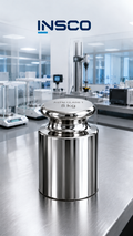 Representative illustration of an INSCO ASTM Class 1 5 kg individual calibration weight with INSCO laboratory background.
