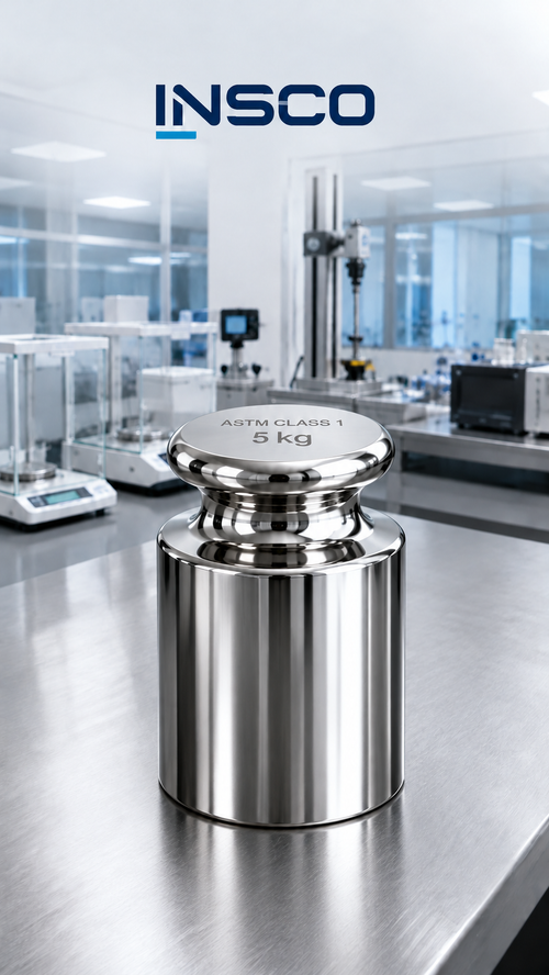 Representative illustration of an INSCO ASTM Class 1 5 kg individual calibration weight with INSCO laboratory background.