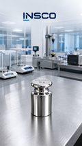 Representative illustration of an INSCO ASTM Class 2 10 g individual calibration weight with INSCO laboratory background.