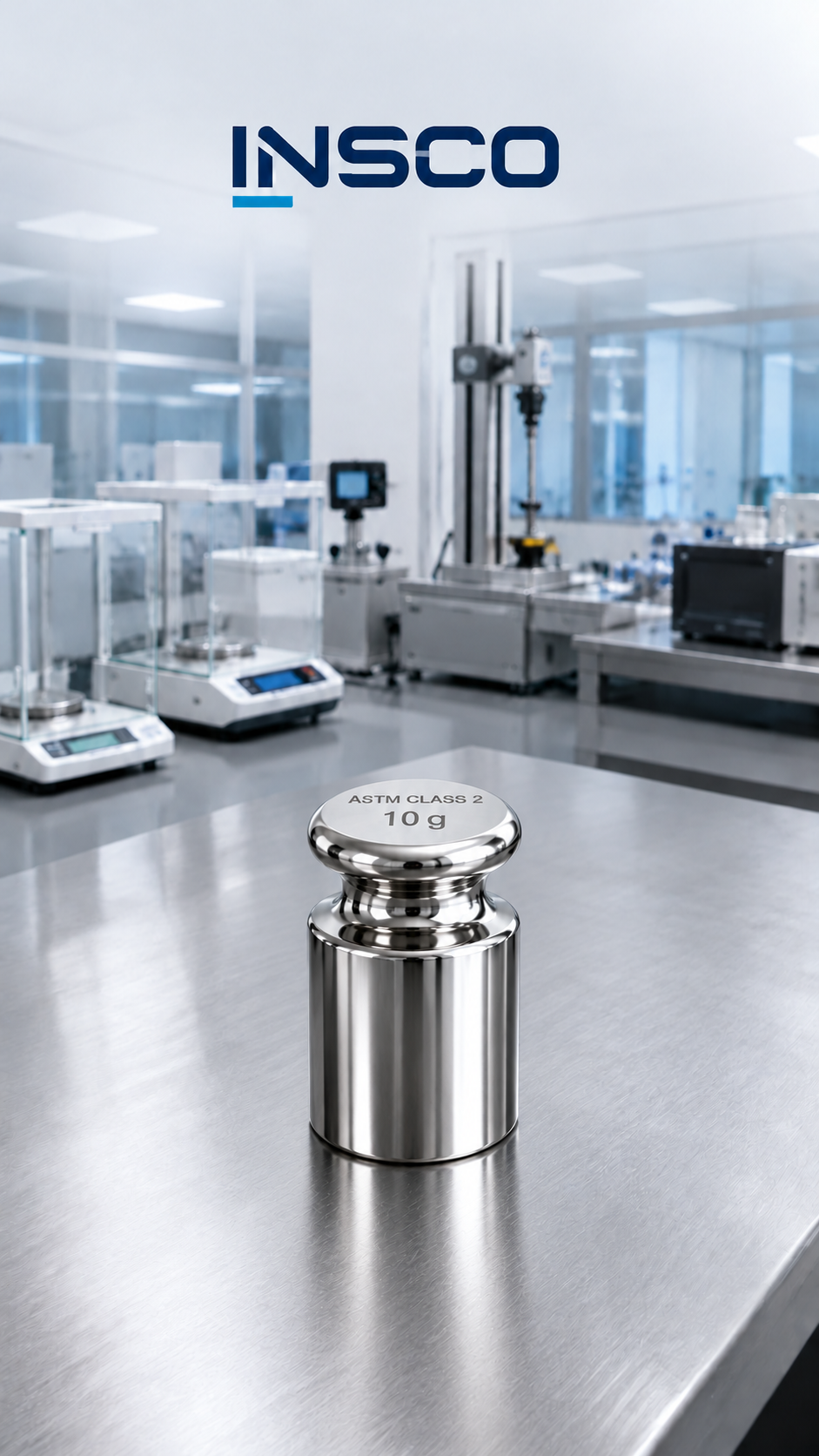 Representative illustration of an INSCO ASTM Class 2 10 g individual calibration weight with INSCO laboratory background.