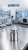 Representative illustration of an INSCO ASTM Class 2 20 g individual calibration weight with INSCO laboratory background.