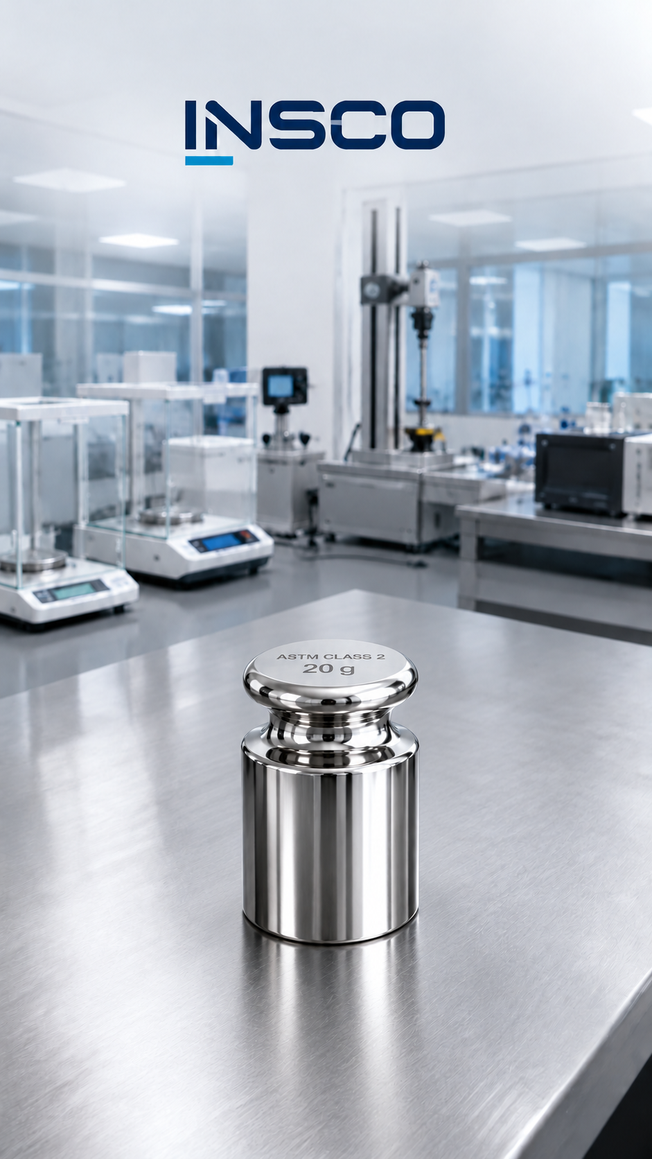 Representative illustration of an INSCO ASTM Class 2 20 g individual calibration weight with INSCO laboratory background.