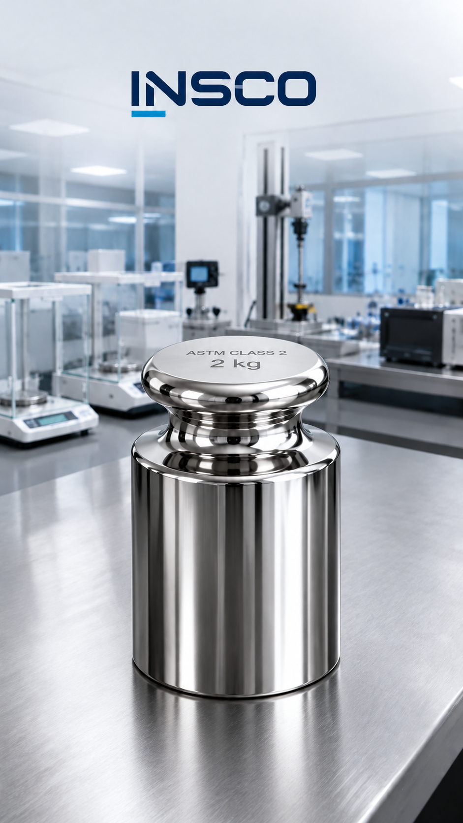 Representative illustration of an INSCO ASTM Class 2 2 kg individual calibration weight with INSCO laboratory background.