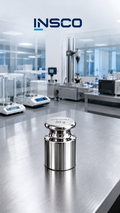 Representative illustration of an INSCO ASTM Class 2 50 g individual calibration weight with INSCO laboratory background.