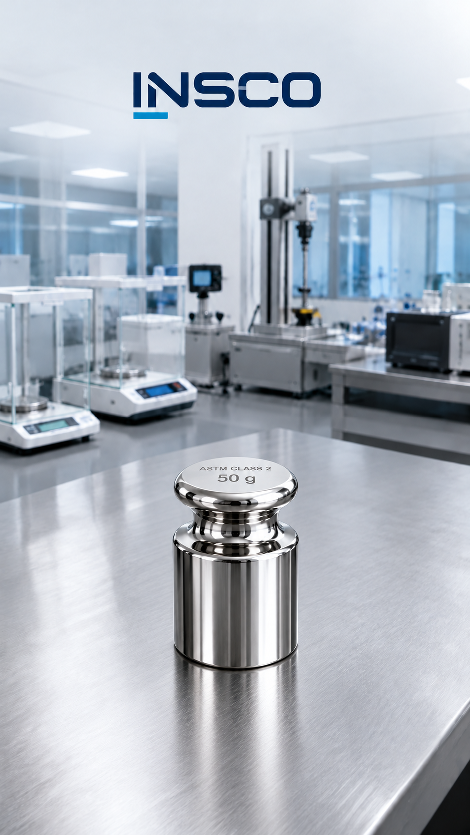 Representative illustration of an INSCO ASTM Class 2 50 g individual calibration weight with INSCO laboratory background.
