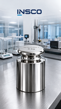 Representative illustration of an INSCO ASTM Class 2 5 kg individual calibration weight with INSCO laboratory background.