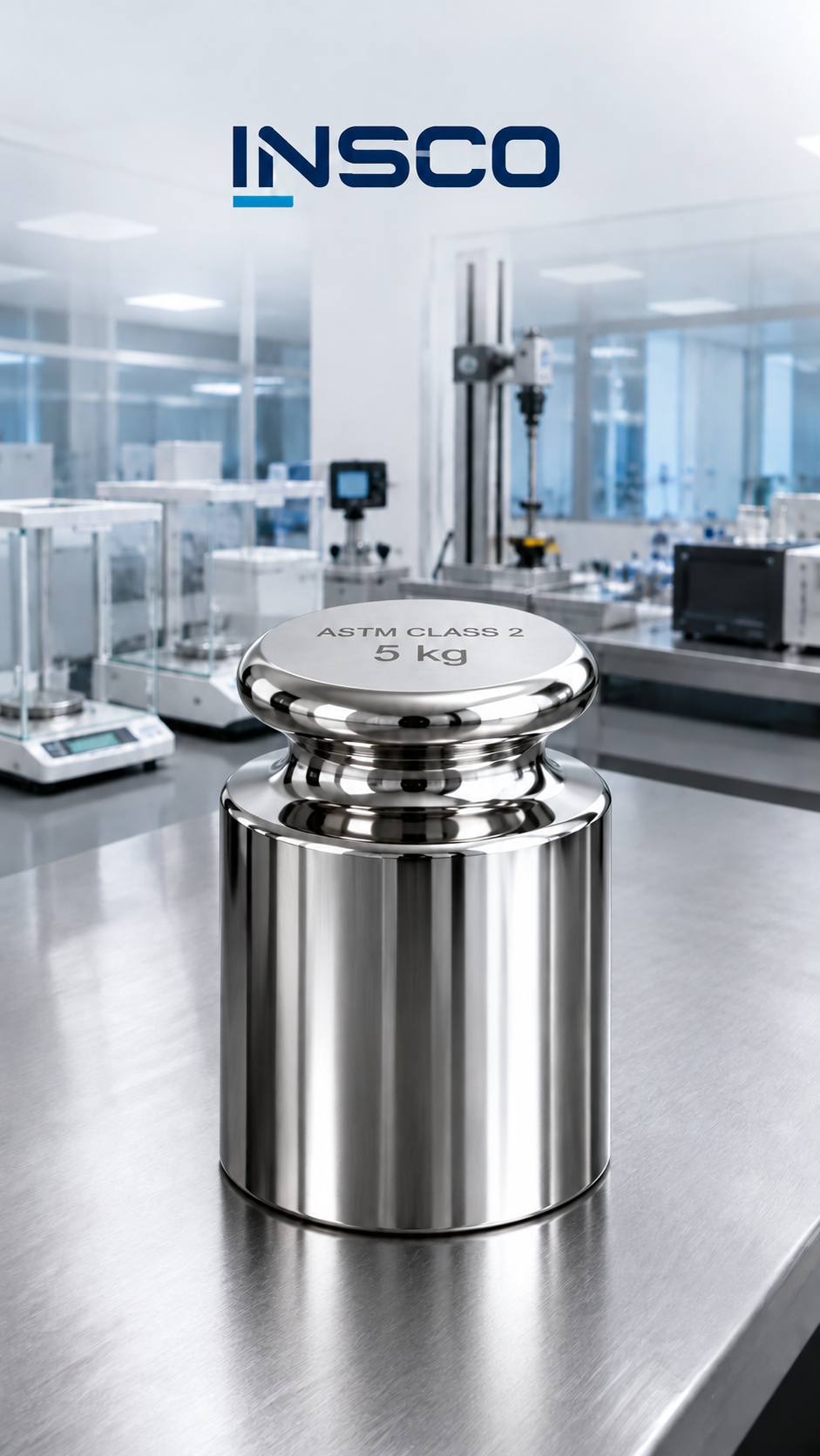Representative illustration of an INSCO ASTM Class 2 5 kg individual calibration weight with INSCO laboratory background.