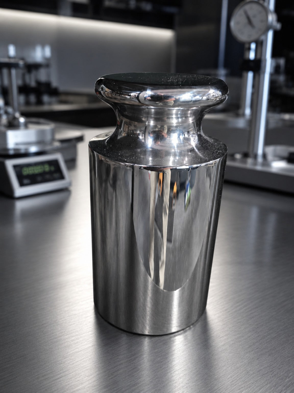 Representative polished cylindrical calibration weight in an INSCO laboratory; see product specifications for nominal mass.