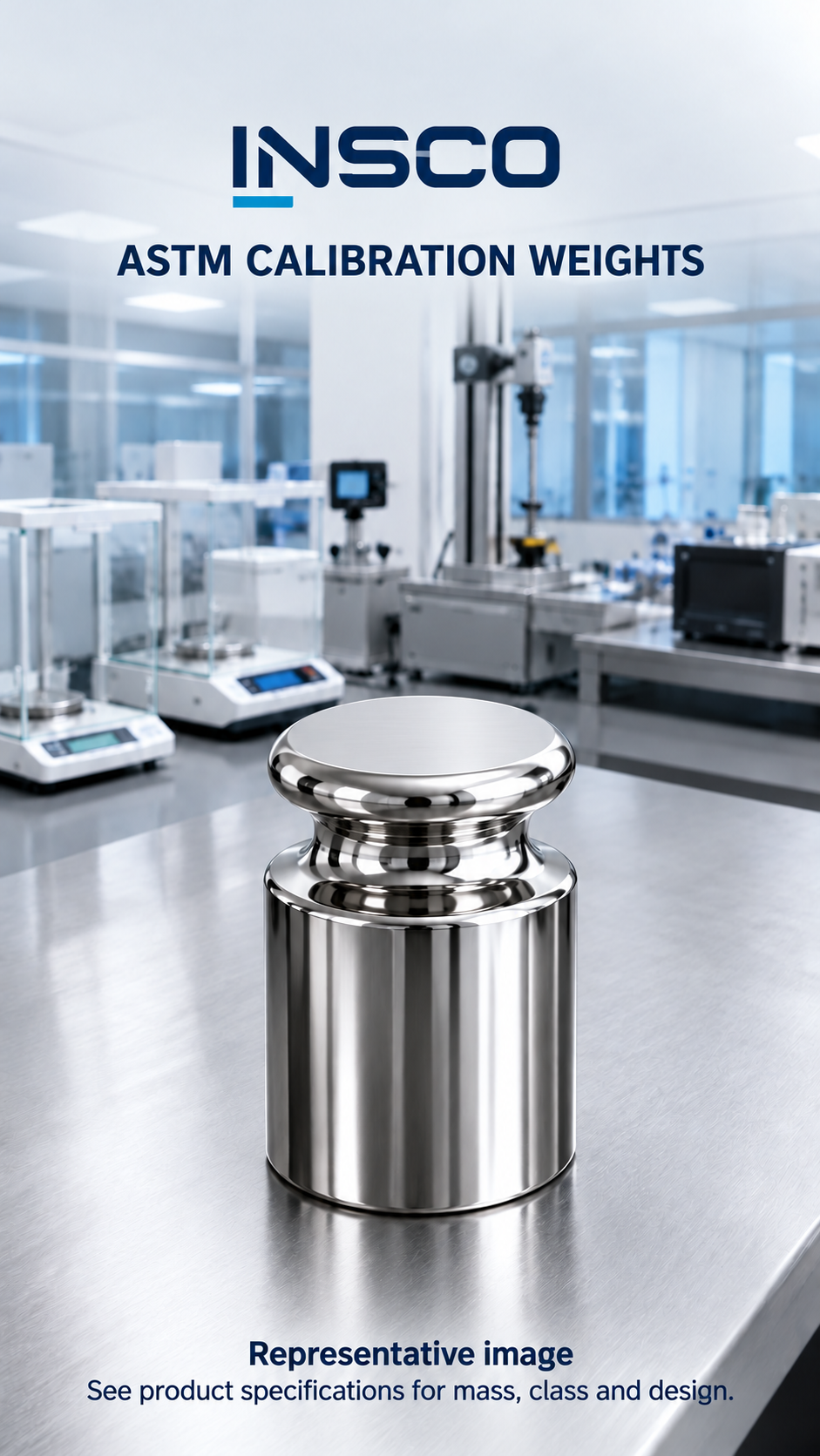 Generic representative ASTM calibration-weight illustration with INSCO laboratory background; see product specifications for actual mass, class and design.