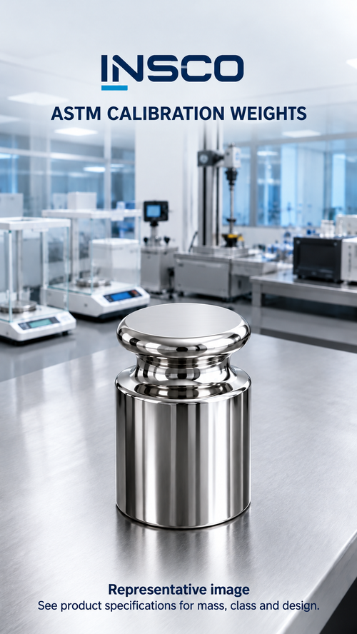 Generic representative ASTM calibration-weight illustration with INSCO laboratory background; see product specifications for actual mass, class and design.