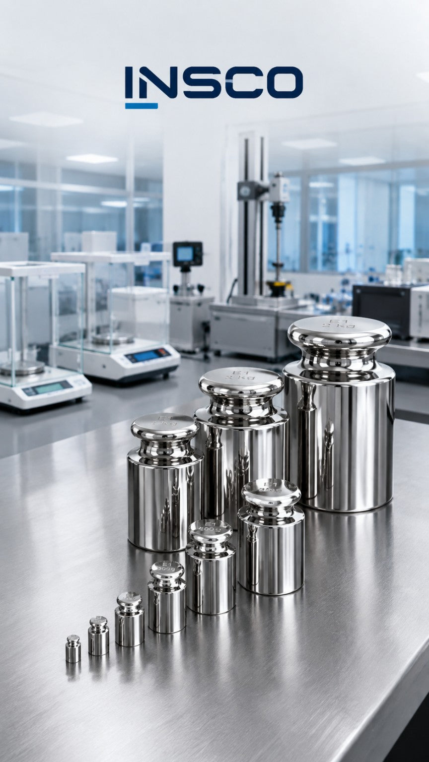 INSCO calibration weights in a laboratory. Representative selection image; refer to product specifications for mass range and accuracy class.
