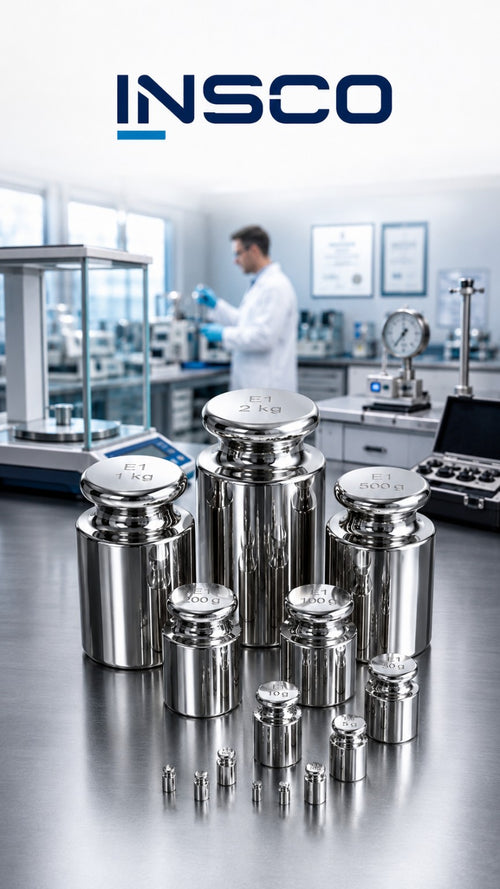 INSCO calibration weights in a laboratory. Representative selection image; refer to product specifications for mass range and accuracy class.