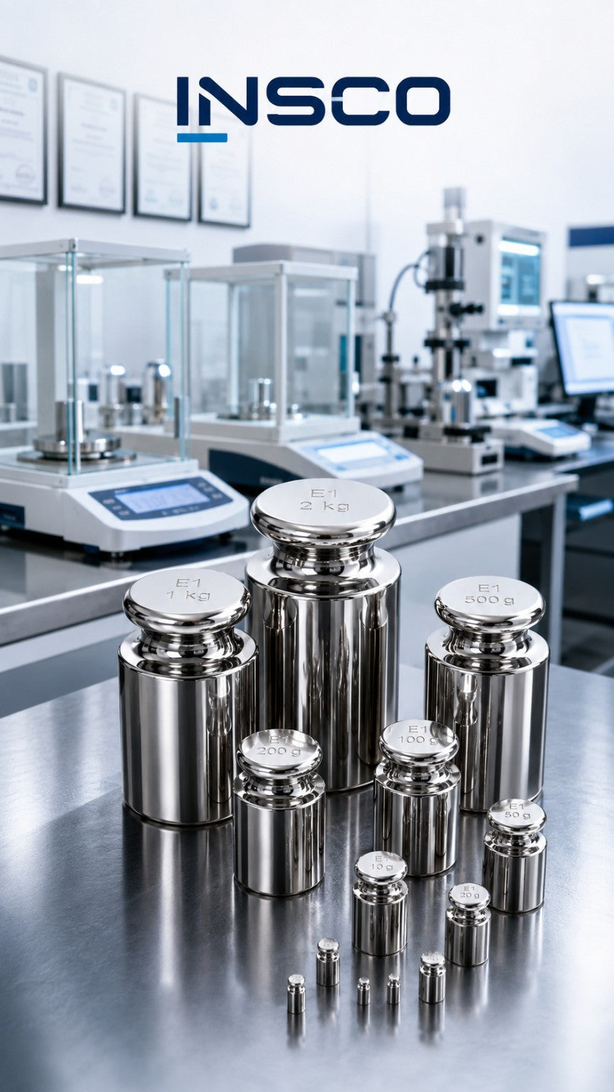 INSCO calibration weights in a laboratory. Representative selection image; refer to product specifications for mass range and accuracy class.