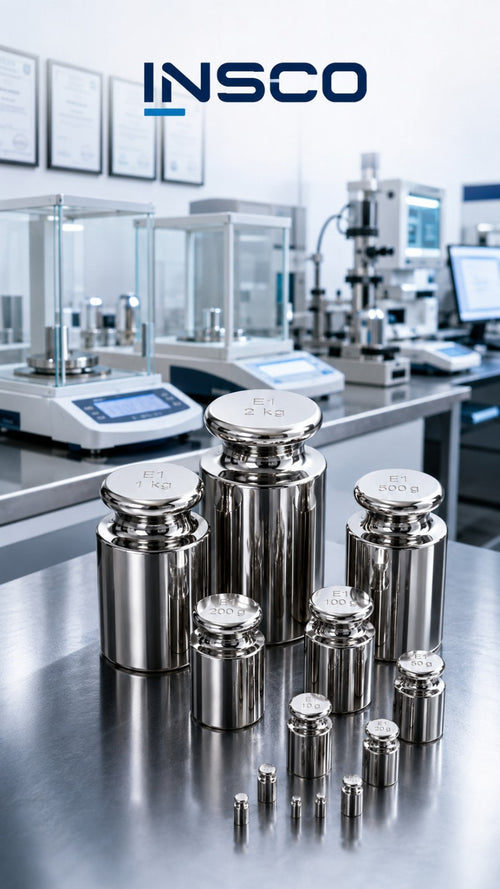 INSCO calibration weights in a laboratory. Representative selection image; refer to product specifications for mass range and accuracy class.